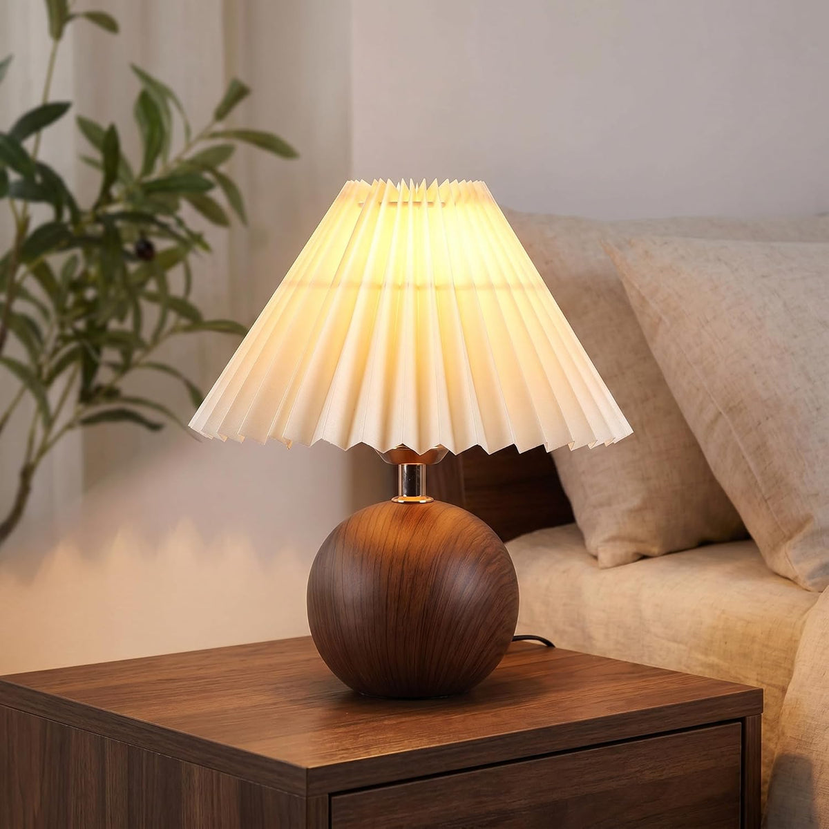 Machineuk Ceramic Globe Table Lamp – Walnut Base, Beige Shade