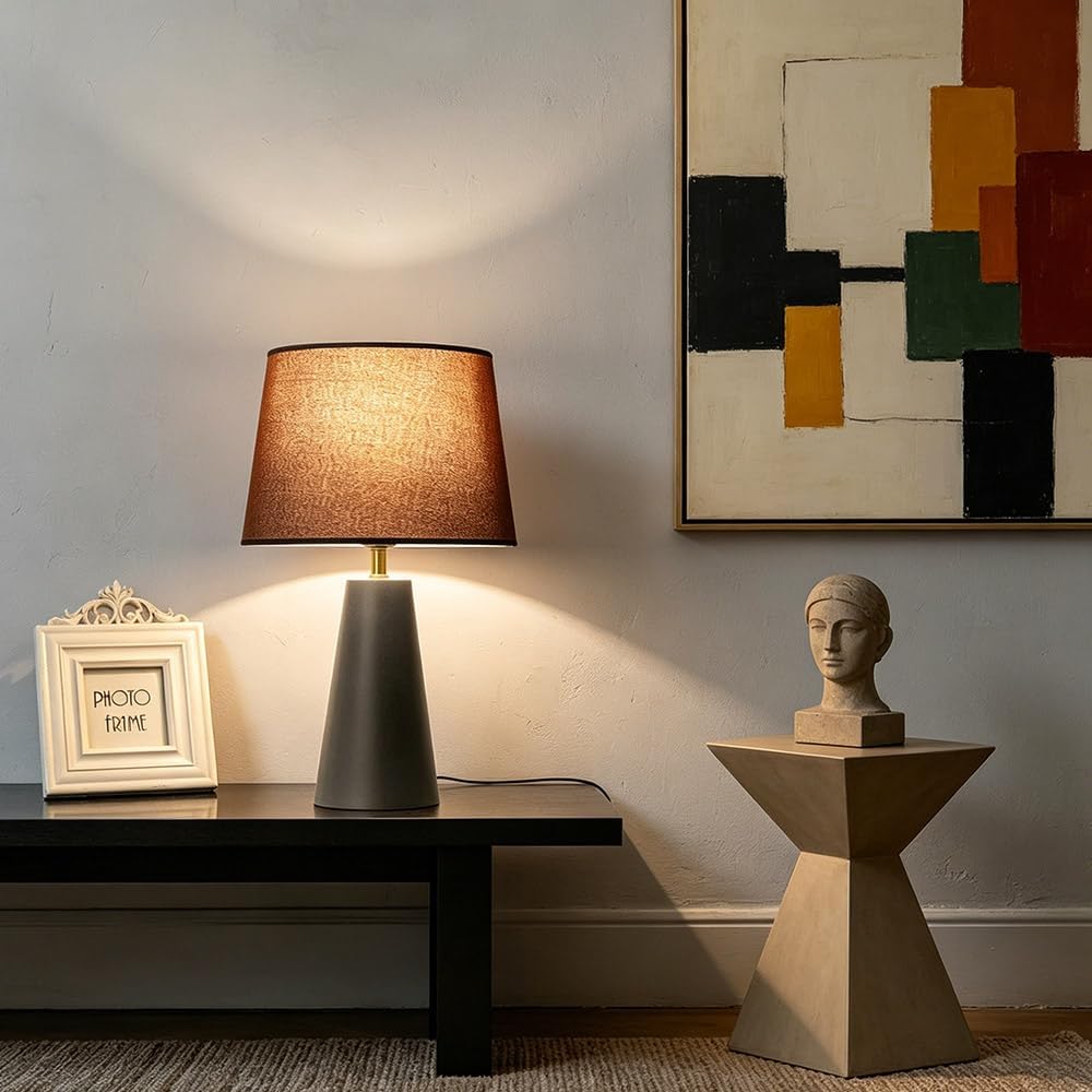 Machineuk Modern Bedside Table Lamp – Linen Shade, Black Metal Base