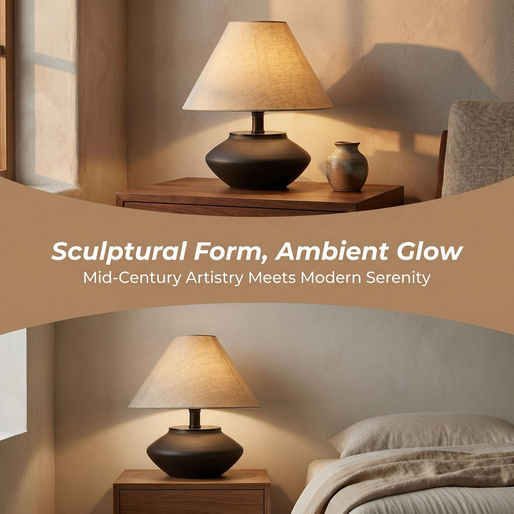 Machineuk Farmhouse Ceramic Table Lamp – Black Base, Linen Shade