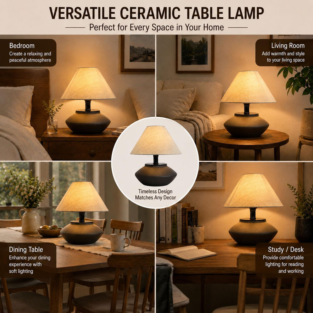 Machineuk Farmhouse Ceramic Table Lamp – Black Base, Linen Shade
