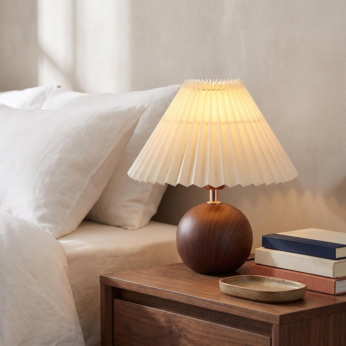 Machineuk Ceramic Globe Table Lamp – Walnut Base, Beige Shade