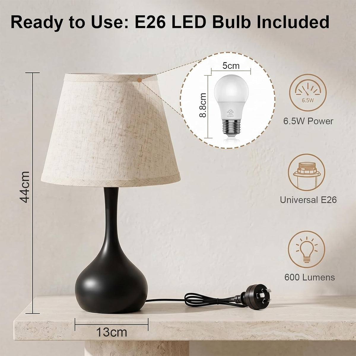 Machineuk Touch Bedside Table Lamp – 3-Way Dimmable with Fabric Shade