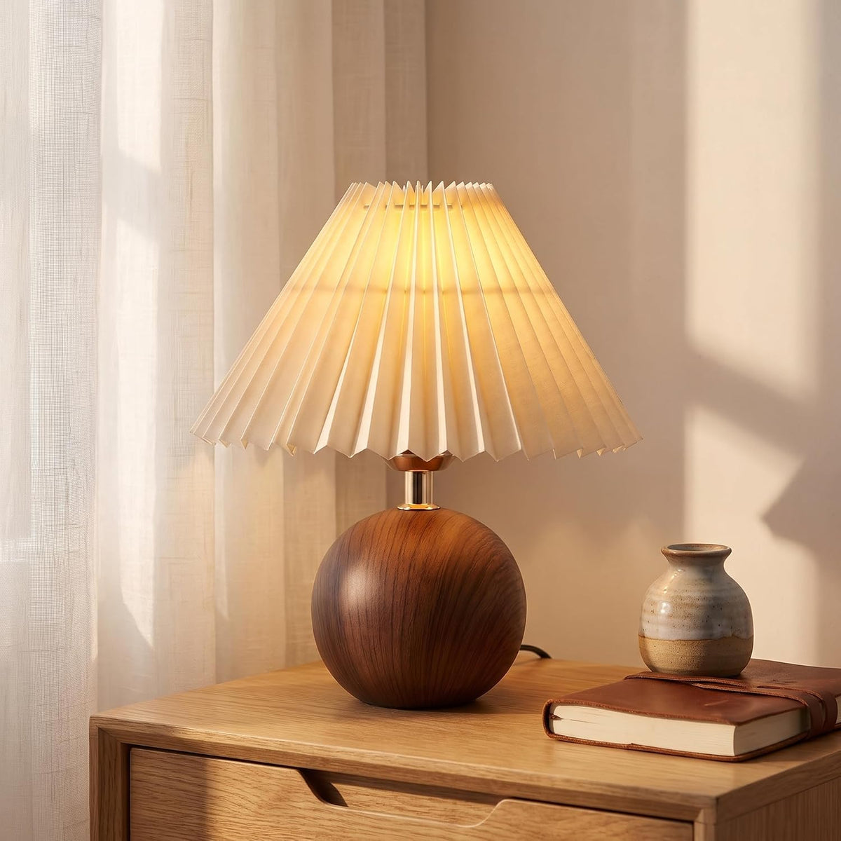 Machineuk Ceramic Globe Table Lamp – Walnut Base, Beige Shade