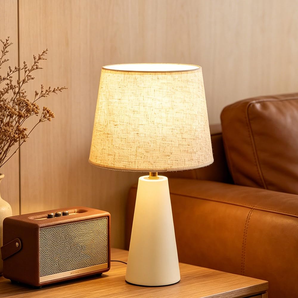 Machineuk Modern Bedside Table Lamp – Linen Shade, Black Metal Base