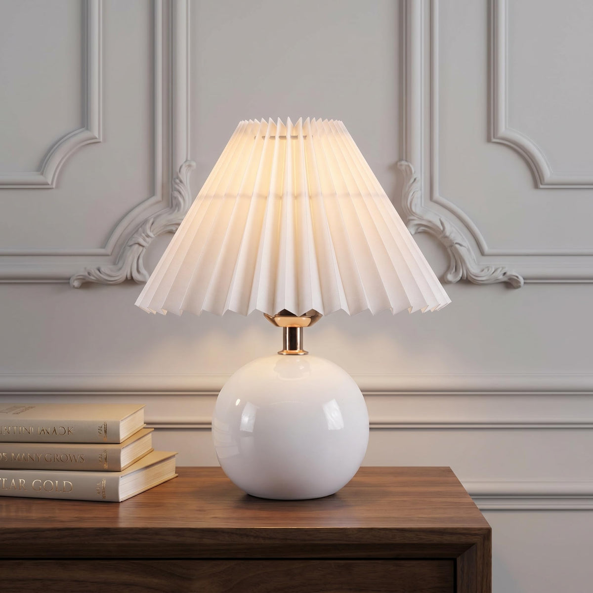 Machineuk Ceramic Globe Table Lamp – Walnut Base, Beige Shade