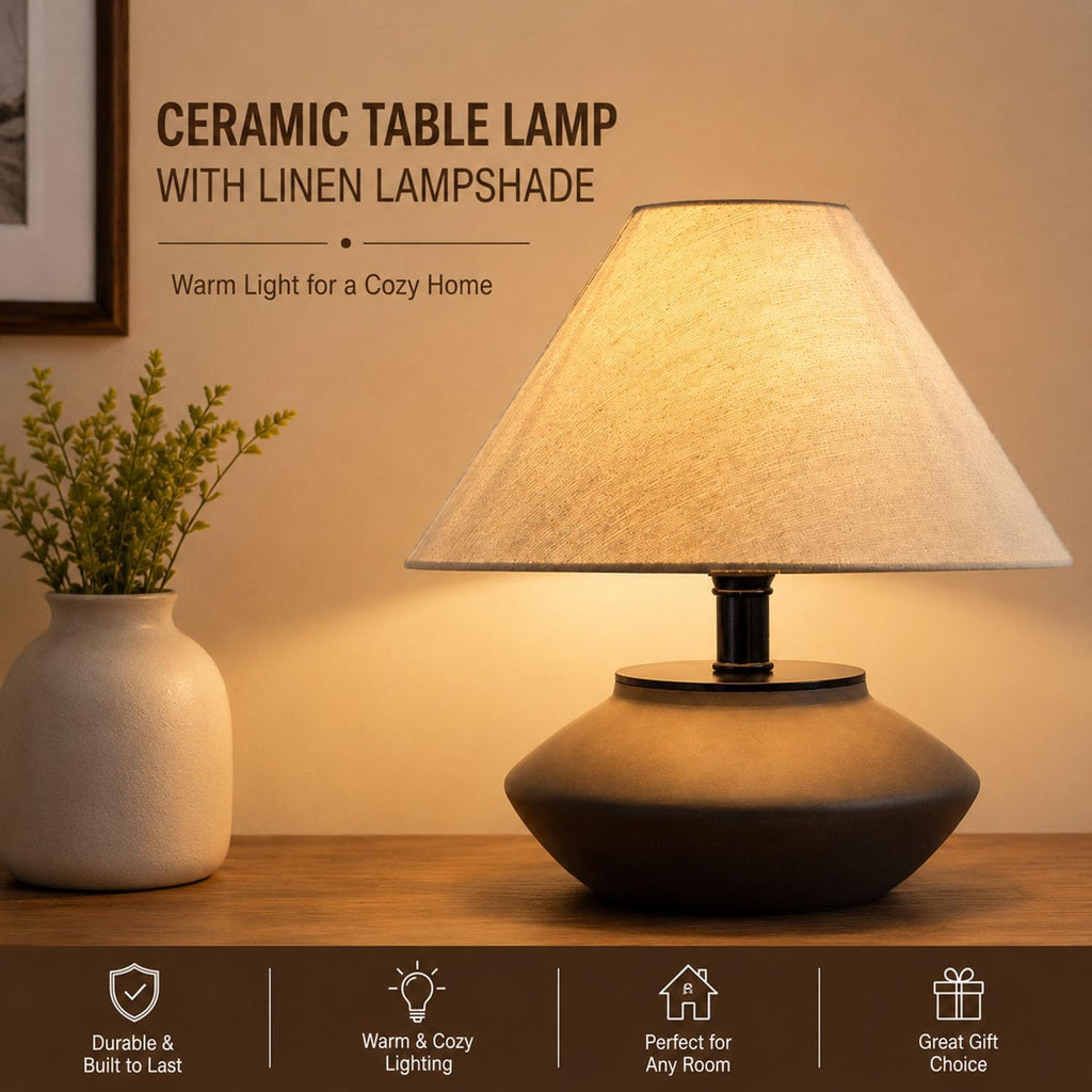 Machineuk Farmhouse Ceramic Table Lamp – Black Base, Linen Shade