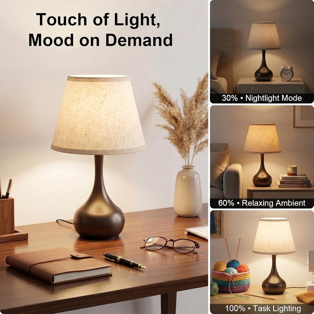 Machineuk Touch Bedside Table Lamp – 3-Way Dimmable with Fabric Shade