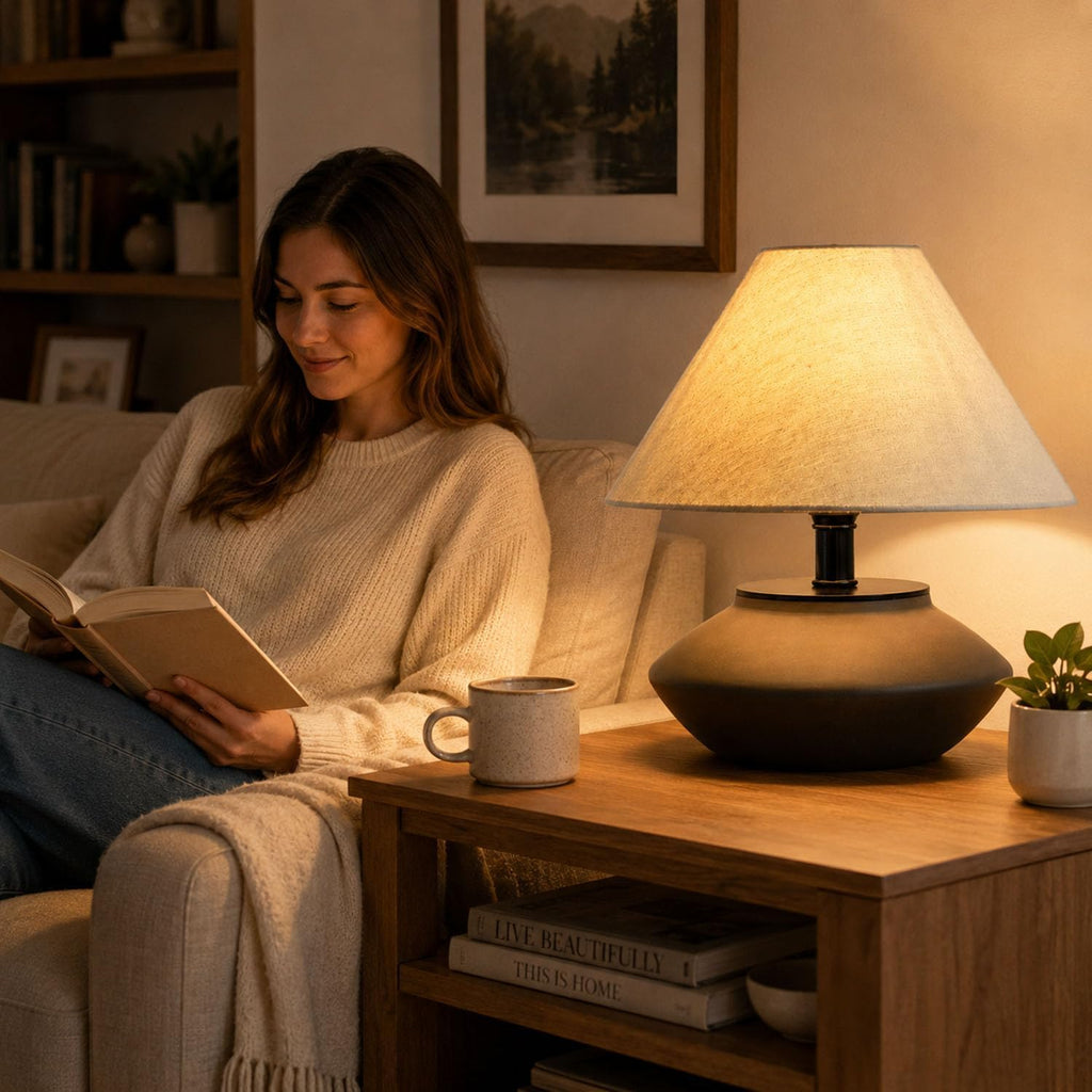 Machineuk Farmhouse Ceramic Table Lamp – Black Base, Linen Shade