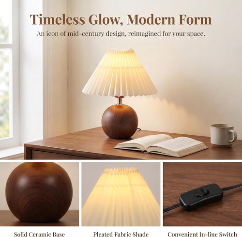 Machineuk Ceramic Globe Table Lamp – Walnut Base, Beige Shade